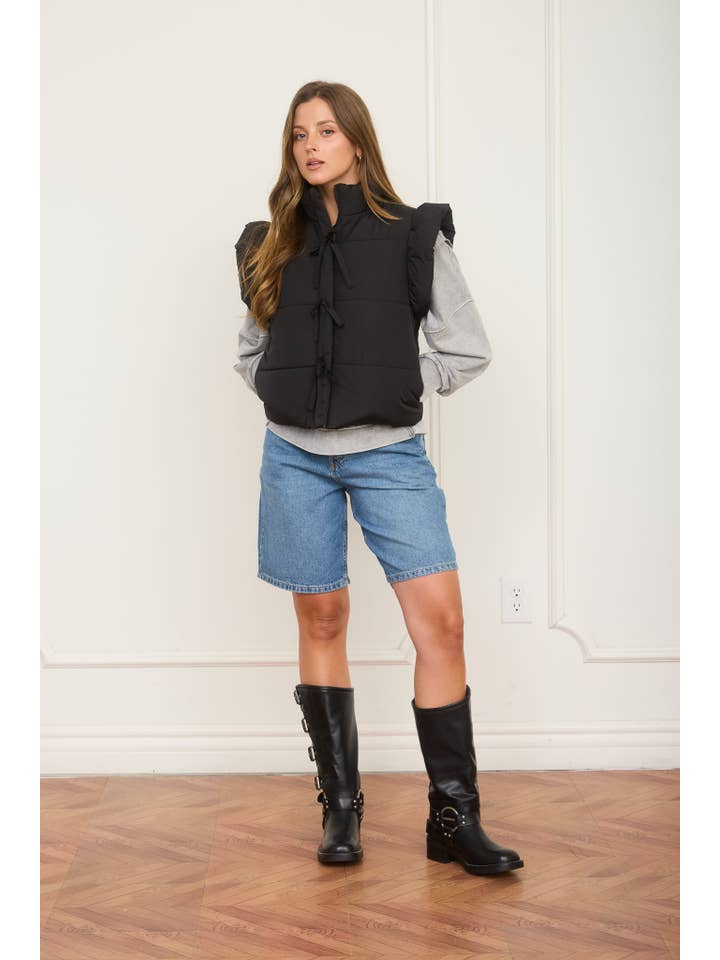 MINE - Vente Veste sans manches – femme - GILET MATELASSÉ À FERMETURE ÉCLAIR AVEC DÉTAIL NŒUD ET MANCHES VOLANTES36