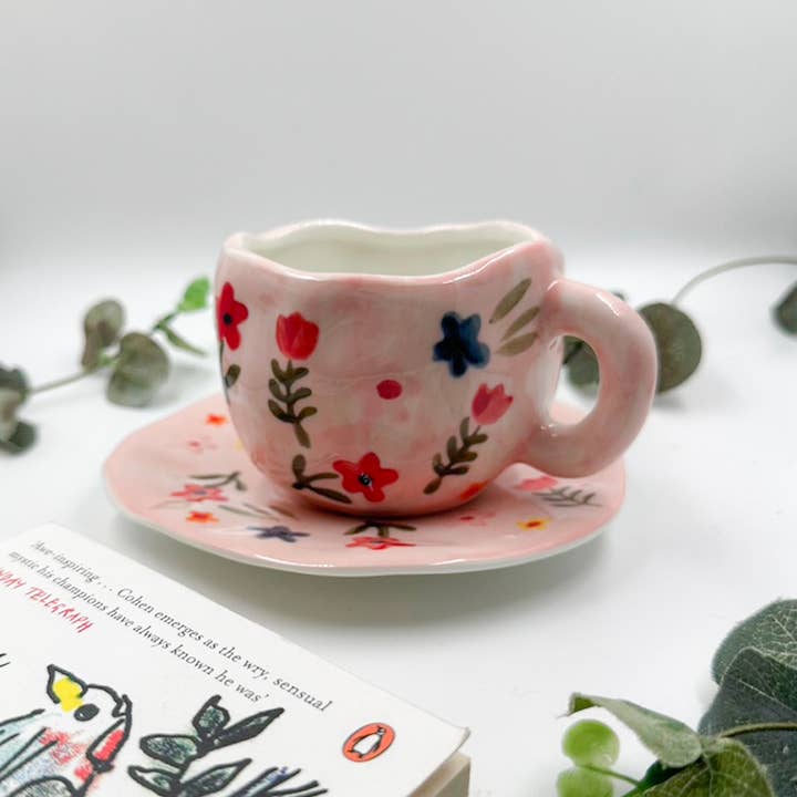 Chow's Stories – wholesale Coffee mug – Pink flower ceramic mug and saucer, Folk hand painted mug5