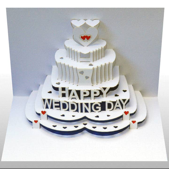 Happy Wedding Day - 3-D Pop Up Heart Cake Wedding Card for wholesale by Forever Cards Ltd