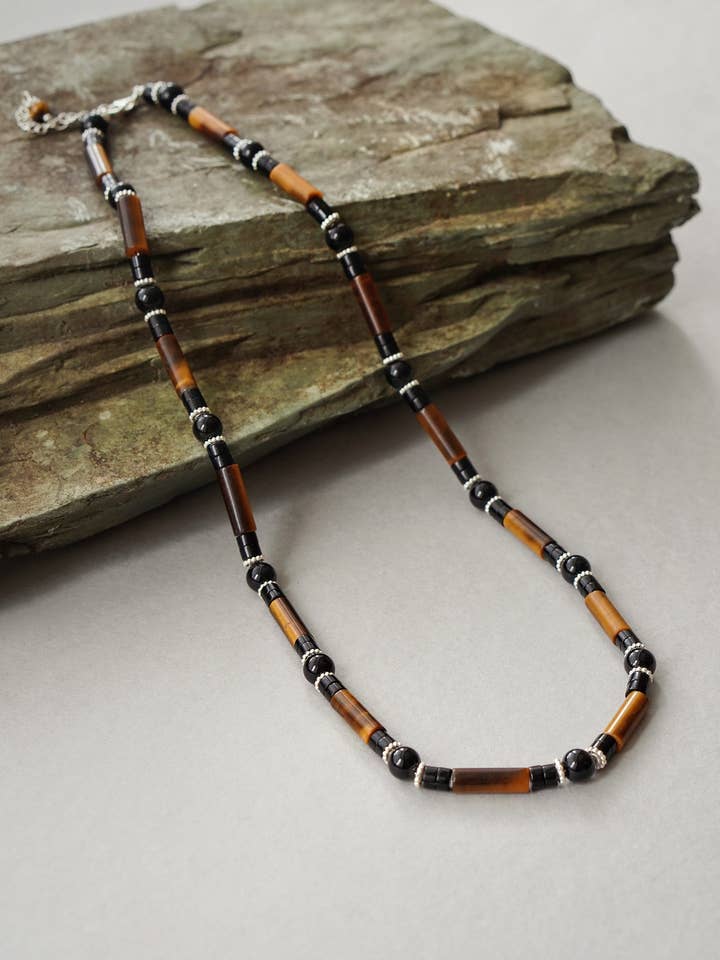 Collar de plata 925 con ojo de tigre y ónix negro para hombre para venta al por mayor de Xander Kostroma