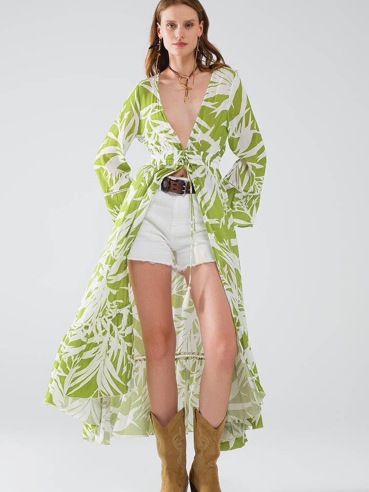 Maxi green kimono with tropical palm print for wholesale by Q2—All Orders:Free Duties for the US,UK,and Canada