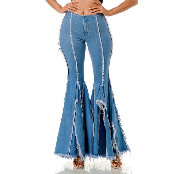 Jeans Flare Borda Desfiada com Detalhe Cinto por atacado de Esmeray Clothing