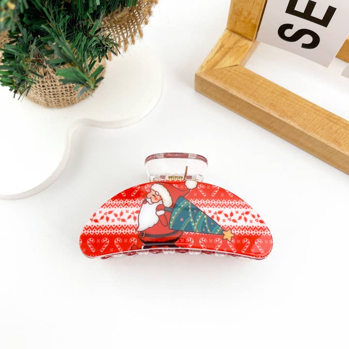 mildstyles - Wholesale Hair Clip - Women's - Christmas Red PU Santa Claus Printed Crescent Hair Claw Clip3