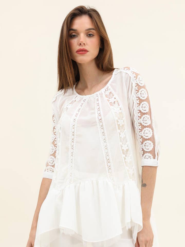 Blusa túnica de encaje en algodón y seda - 80639 para venta al por mayor de CHOKLATE PARIS (US No duties)