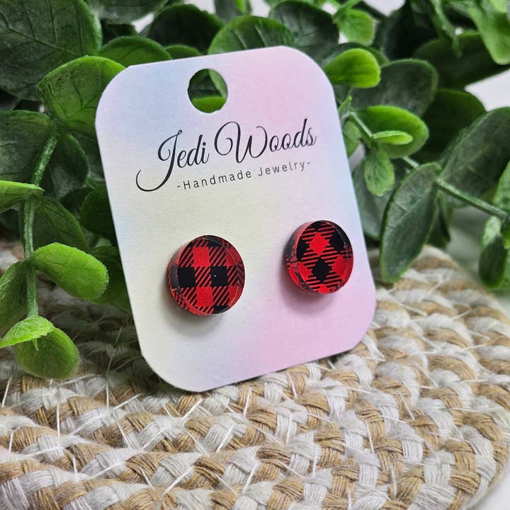 Jedi Woods LLC - Vente Clous d'oreille - Clous d'oreilles ronds à carreaux en forme de buffle rouge et noir