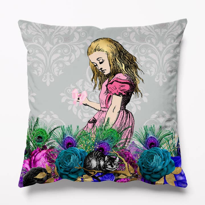 Alice in Wonderland Grey Mardi Gras Velvet Cushion for wholesale by Kitsch Republic