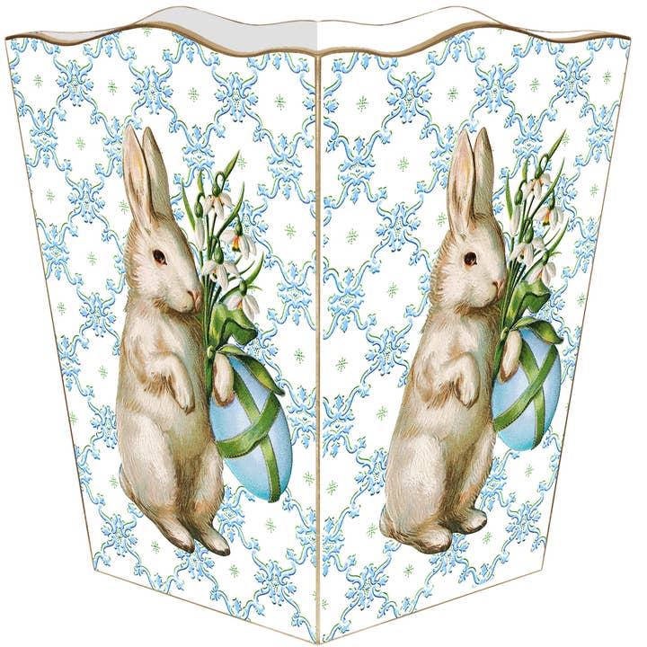 WB6836-Bunny with Egg on Blue Scroll Wastebasket for wholesale by Marye-Kelley