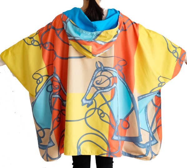 Winding River - Vente Imperméable – femme - Cape de pluie réversible équestre turq/orange - Swirling Horse