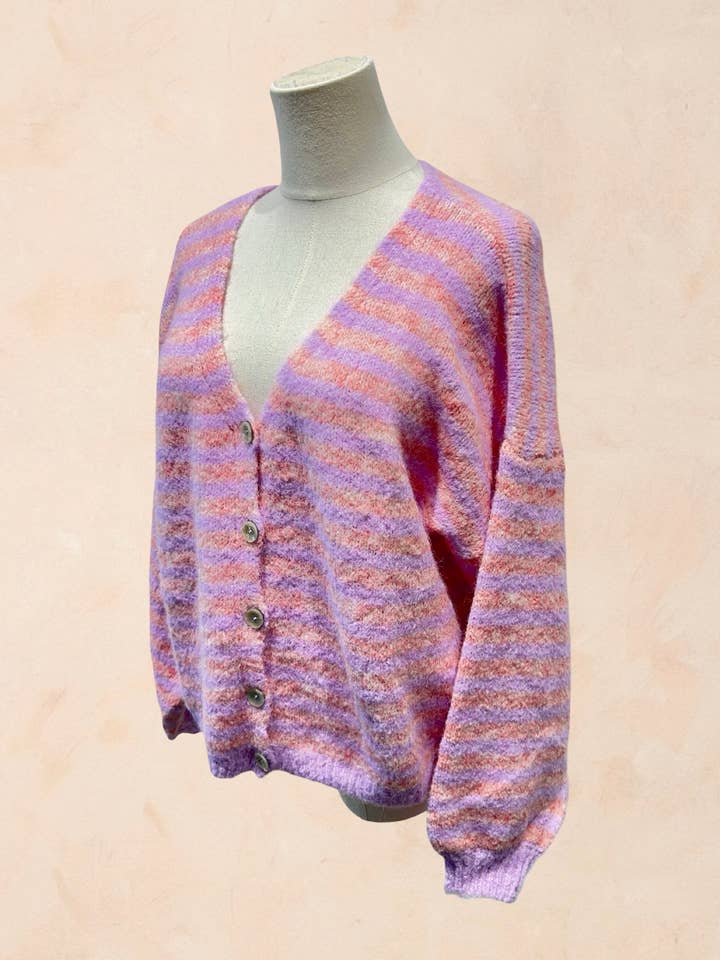 AMARIA - Wholesale Cardigan - Women's - Oversized striped cardigan in soft knit - WOOL - 510629