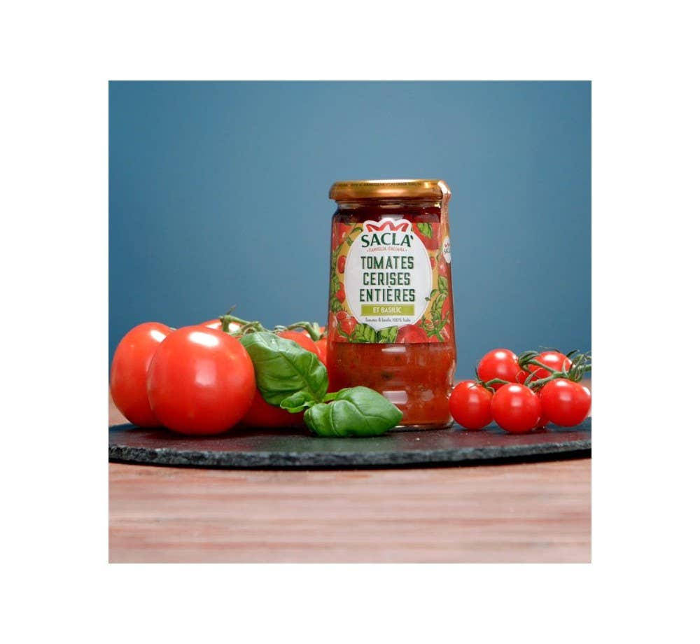 Sacla - Vente Sauces pour pâtes - Sauce au basilic aux tomates cerises entières 345 g1