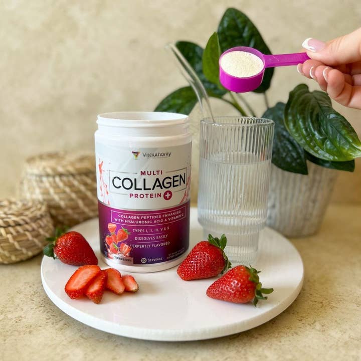 Vitauthority - Vente Supplément oral/vitamine - Poudre de Protéines Multi-Collagène : Fraise, Santé des Os et de l'Intestin