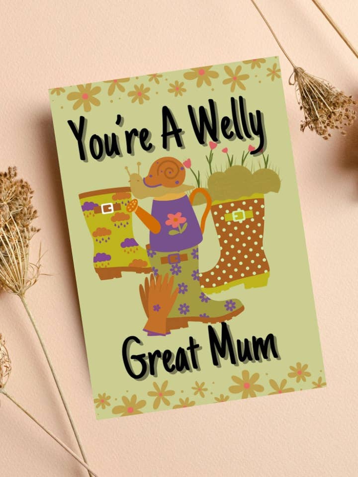 Welly Great Mum Gardening Pun Birthday Mother's Day Card for wholesale by Printicole