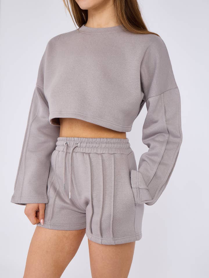 AX Labels - Wholesale Lounge Set - Women's - Seam Detail Oversized Crop Top & Shorts Fleece Co-ord48