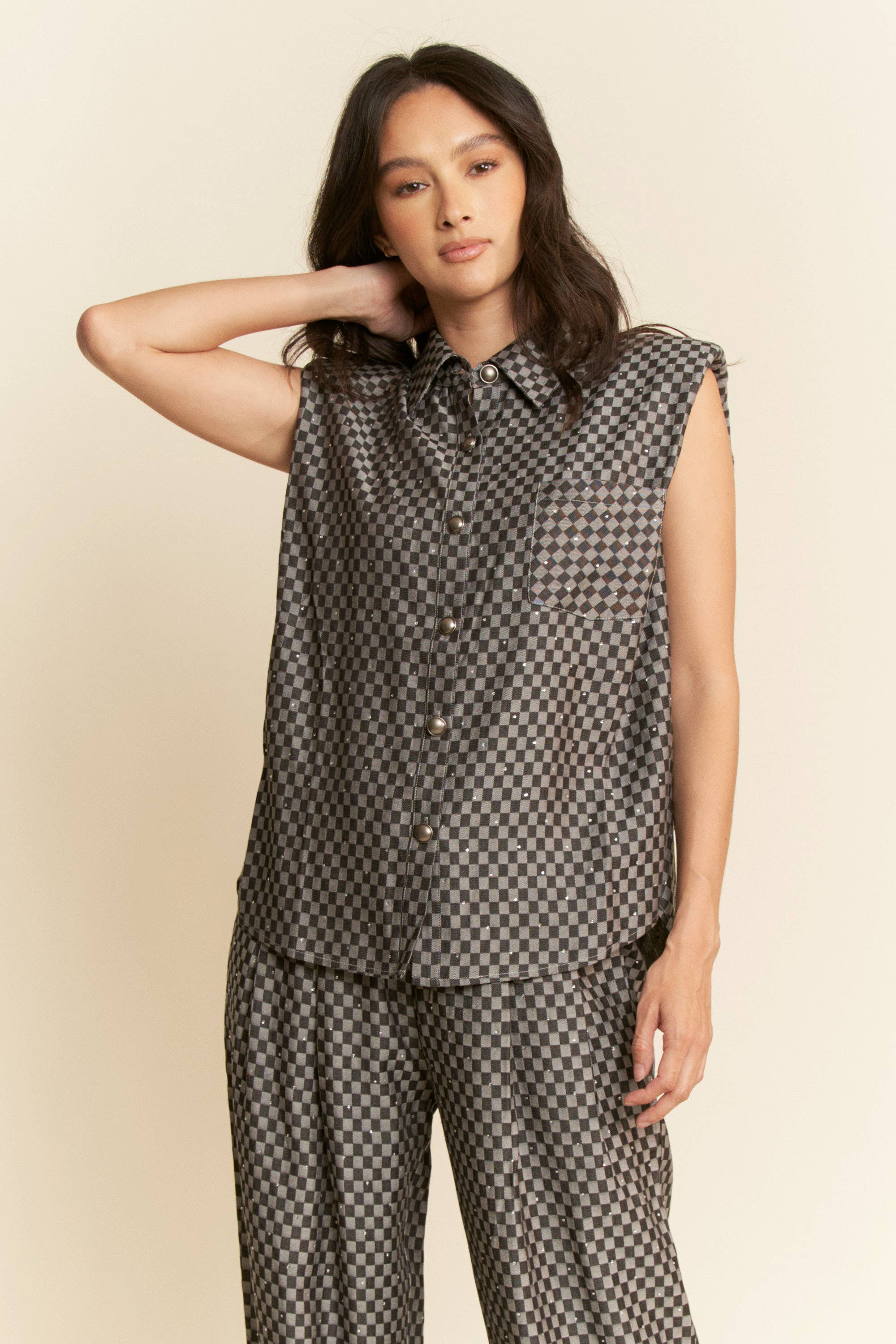 Davi & Dani – wholesale Set med topp och byxa – Dam – RUTIG DENIMSKJORTA MED KNAPPAR OCH LÅNGBYXOR16