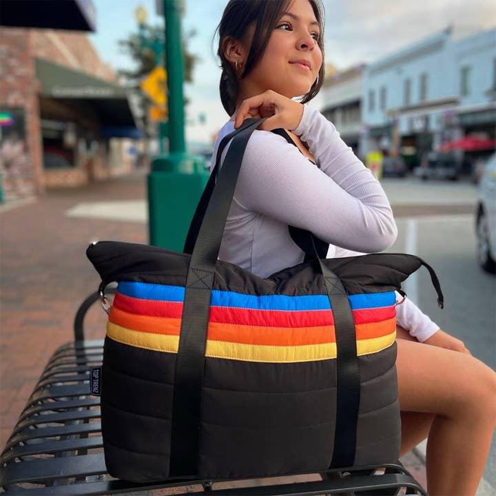 Top Trenz Inc - Wholesale Tote Bag - Women's - Black Puffer Tote Bag Retro Stripe