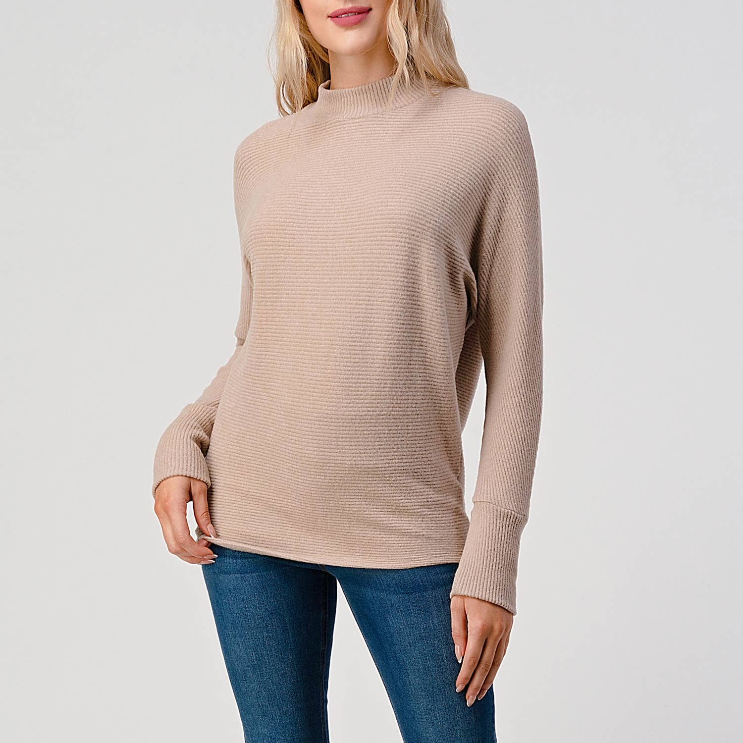Heimious - Wholesale Knit Top - Women's - Mock Neck Long Dolman Sleeve Ribbed Knit Top, T26162