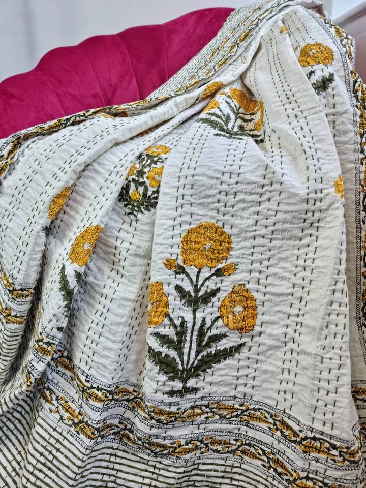 Kantha Stitch Cotton Reversible Bed/Sofa Throw King Size In White Yellow Green Marigold Garden Stripe for wholesale by Essential Designs London