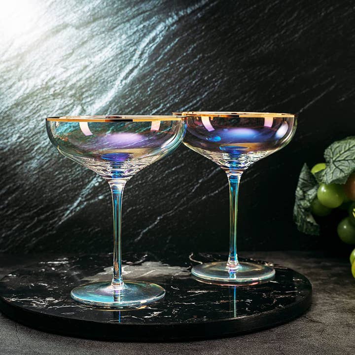 The Wine Savant / Khen Glassware - Wholesale Cocktail/Liquor Glass - Large Iridescent Gilded Coupe Glass 2-Set