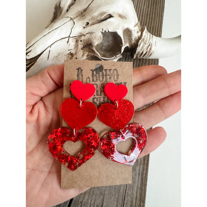 Boho Ranch Shop - Vendita all'ingrosso Orecchini a bottone - Orecchini a Cuore Rosso Impilati - San Valentino - Amore
