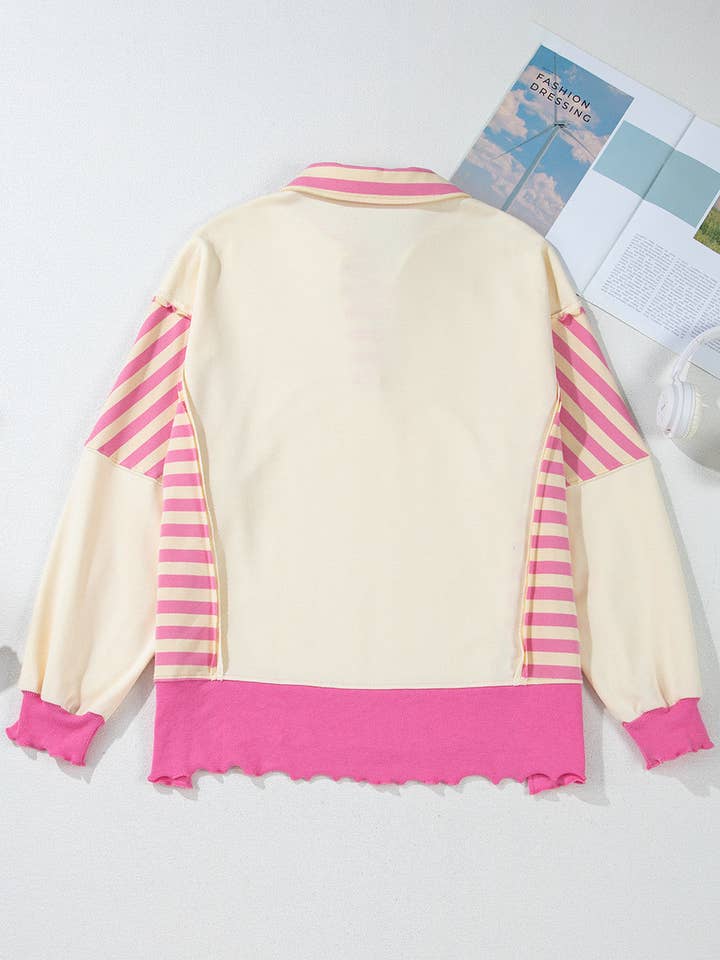 Pink Stripe Juliana Patchwork Terry Knit Top for wholesale on Faire8