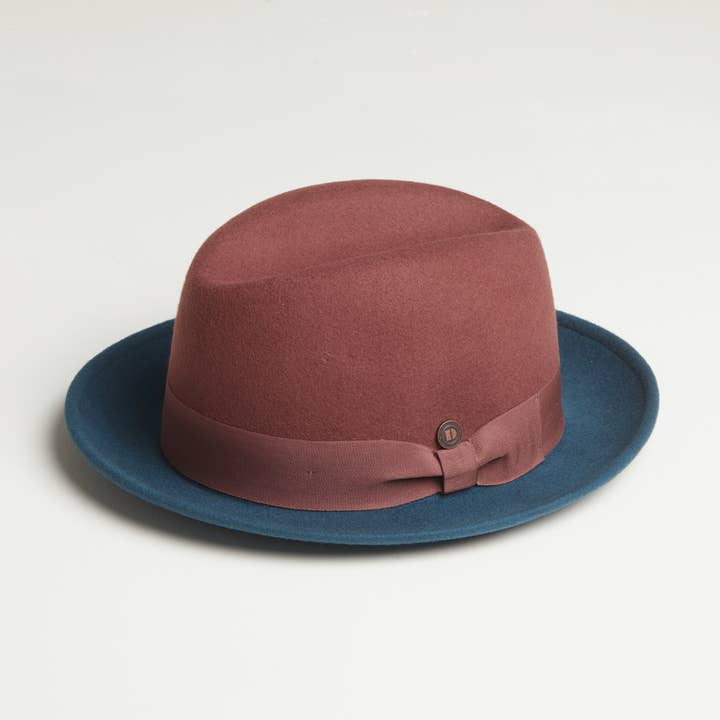 GANGSTAR Felt Shapeable Two-Tone Fedora Hat - Brown / Teal for wholesale by Dasmarca Hats