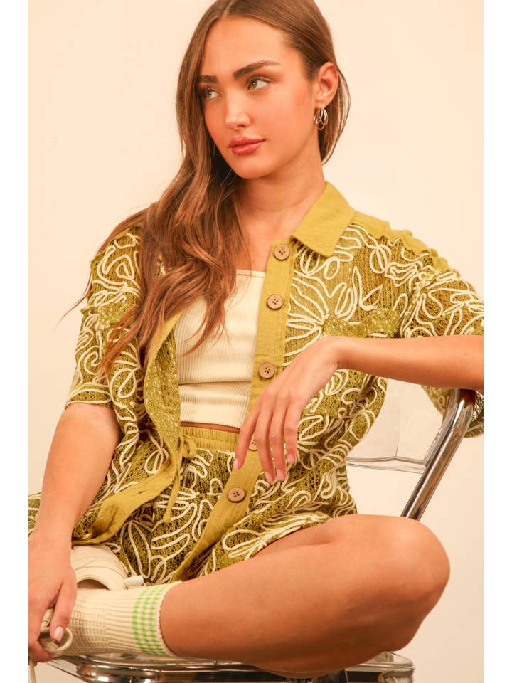 VERY J - Wholesale Lounge Set - Women's - NT11975SET-Printed Casual Shirt Top & Shorts Set