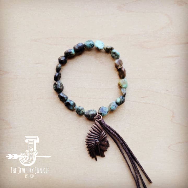 The Jewelry Junkie - Wholesale Beaded Bracelet - Natural Turquoise Stretch Bracelet w/ Indian Charm 809u