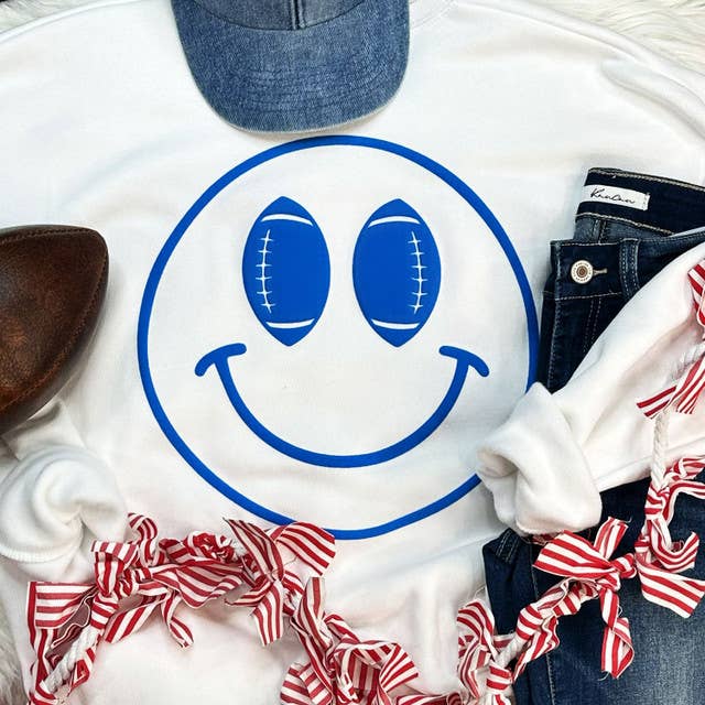 Happy Face Football Blue PUFF Screen Print Heat Transfer for wholesale by Trendy Transfers