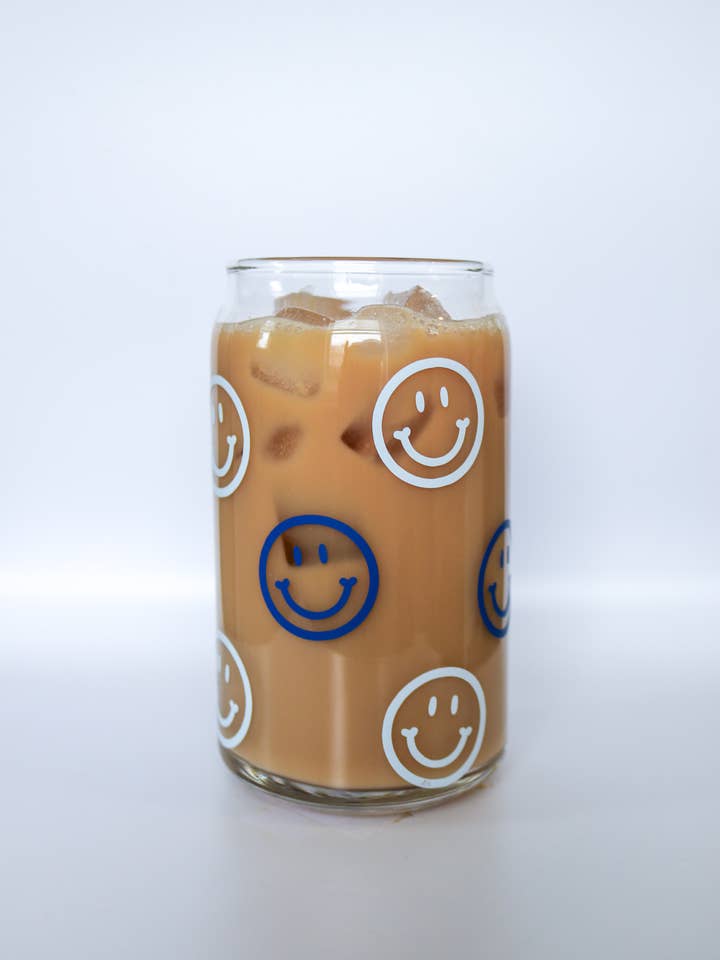 Blue Smiley Glass Can for wholesale by Rosey Design Co.