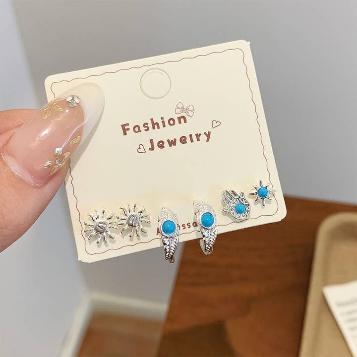 UNISHE - Wholesale Gauge/plug earrings - Vintage Sunflower Bohemian Silver Needle Earrings Set ZK37442