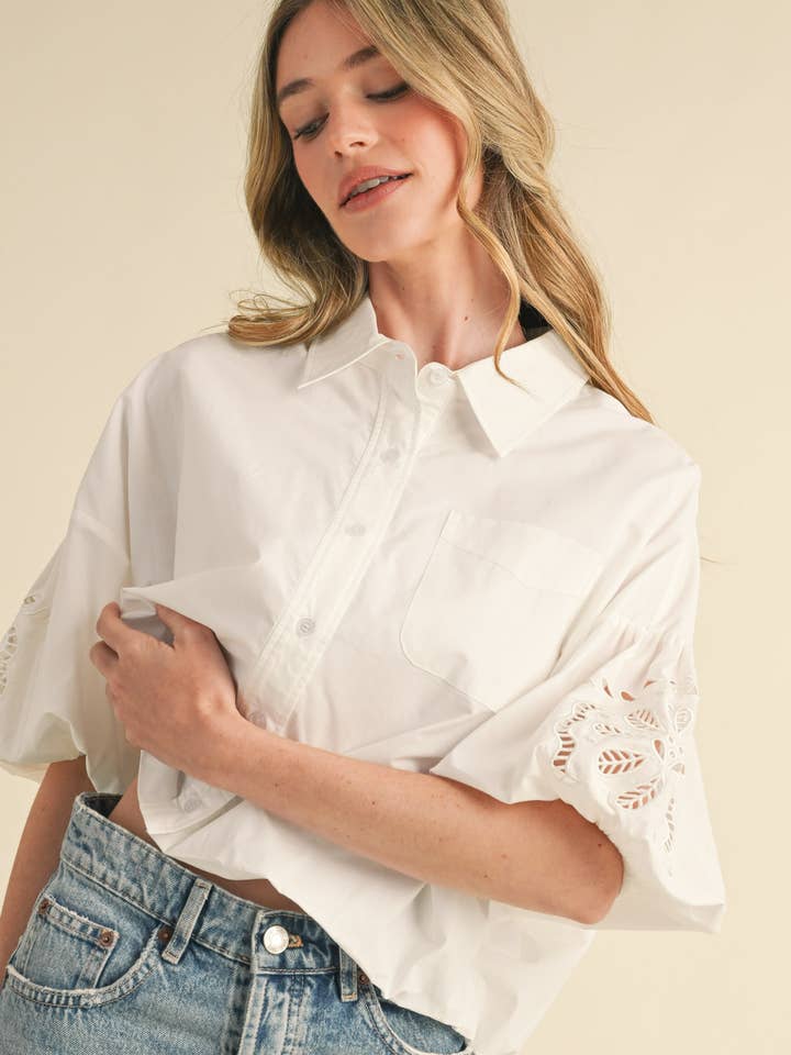 &MERCI - Wholesale Button Down Shirt - Women's - CUT OUT EMBROIDERED BUBBLE SLEEVE TOP MTP3835