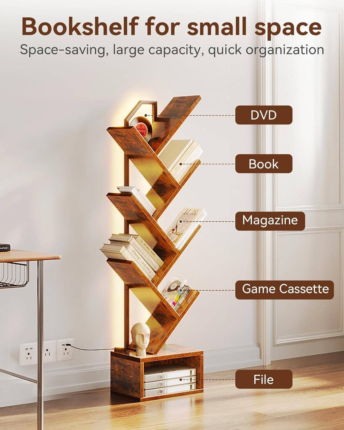 Vintage Six Tier Tree Bookshelf With LED Lights Narrow Floorstanding for wholesale on Faire3