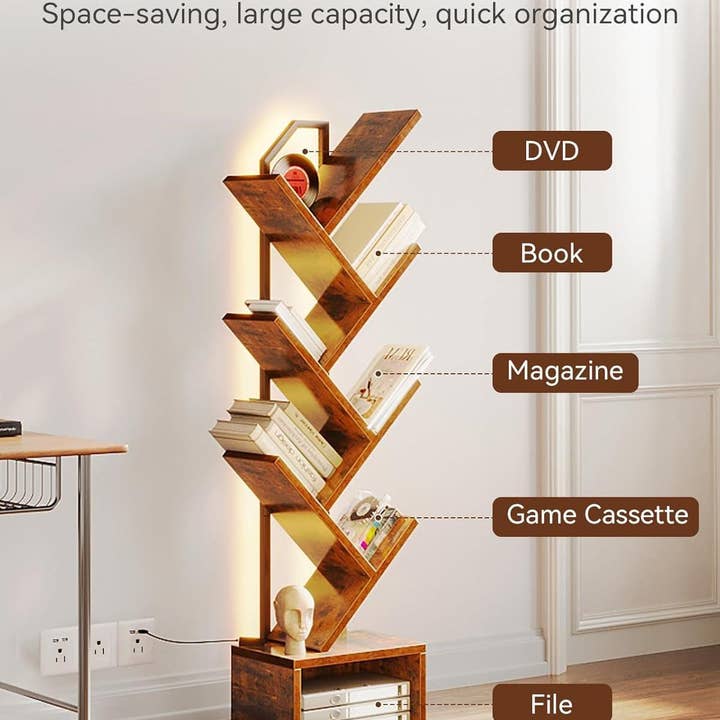 Vintage Six Tier Tree Bookshelf With LED Lights Narrow Floorstanding for wholesale on Faire3