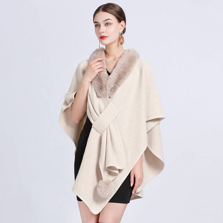 UZ Wholesale Store - Wholesale Cape - Women's - Loose Faux Otter Rabbit Fur Collar Tweed Cape Shawl
