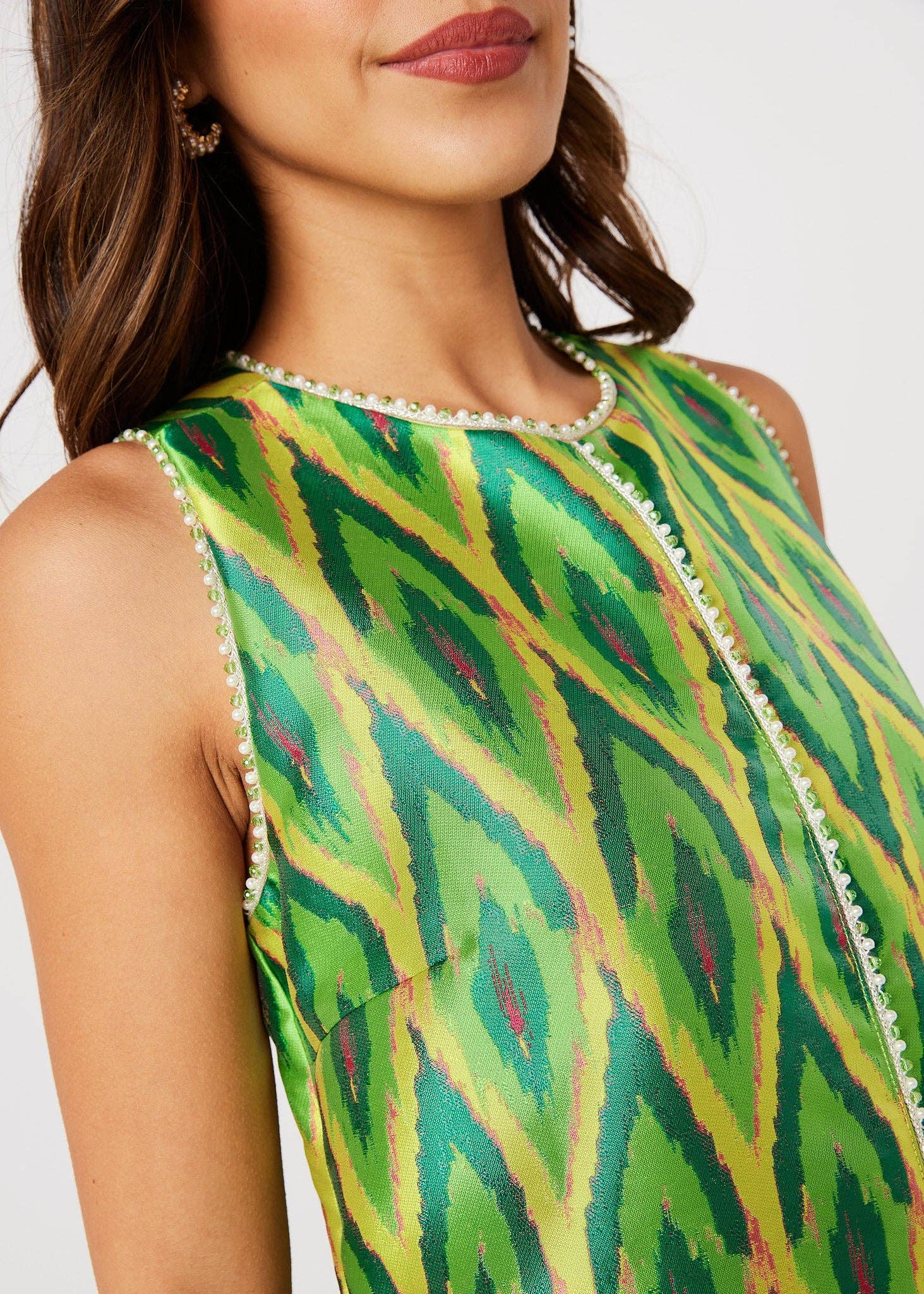 Green Hannah Dress Lime Ikat Jacquard for wholesale on Faire1