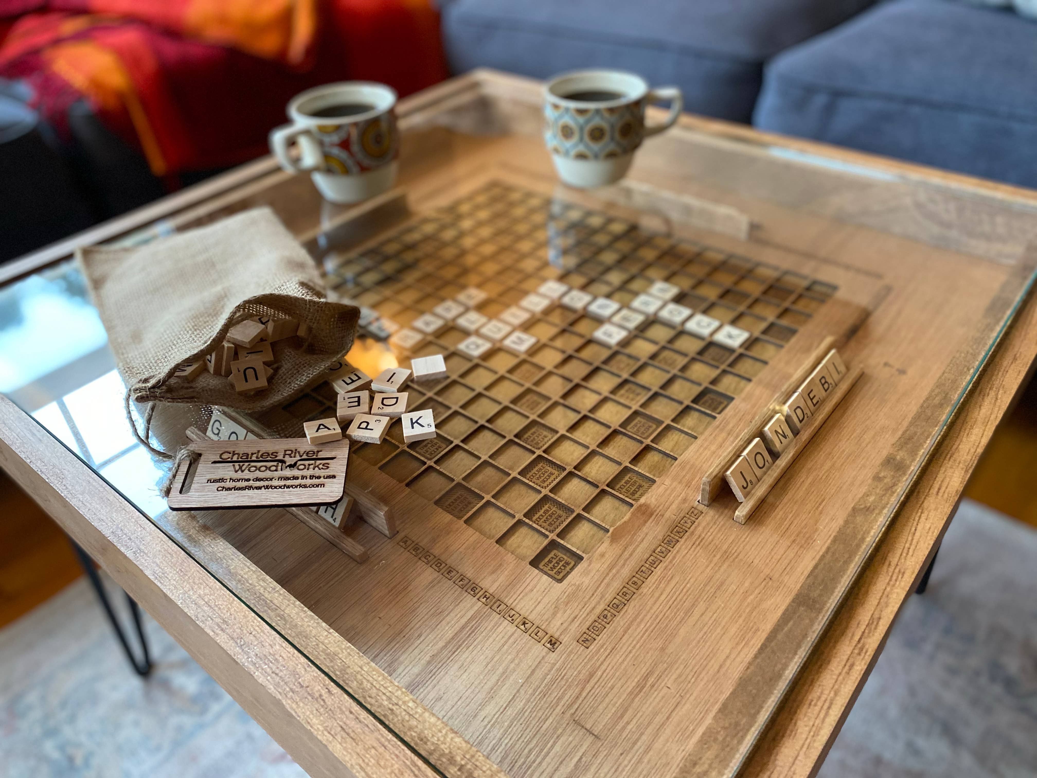 Charles River Woodworks - Wholesale Coffee Table - Rustic Scrabble Coffee Table with removable top - letter tiles included9