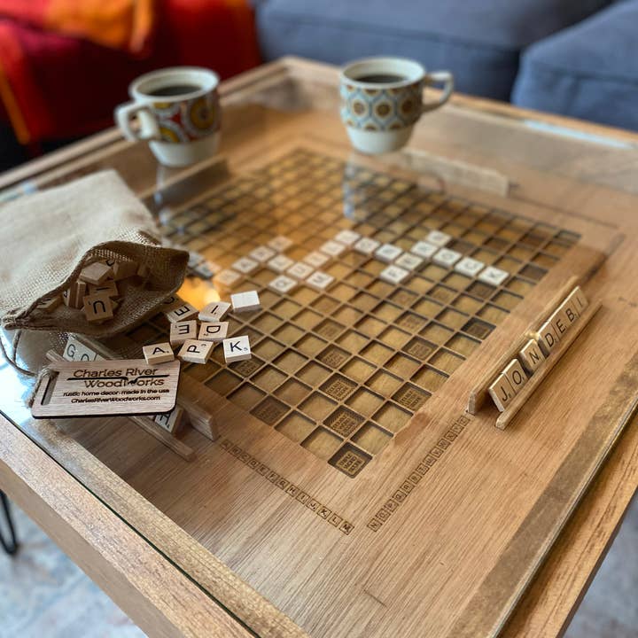 Charles River Woodworks - Wholesale Coffee Table - Rustic Scrabble Coffee Table with removable top - letter tiles included9
