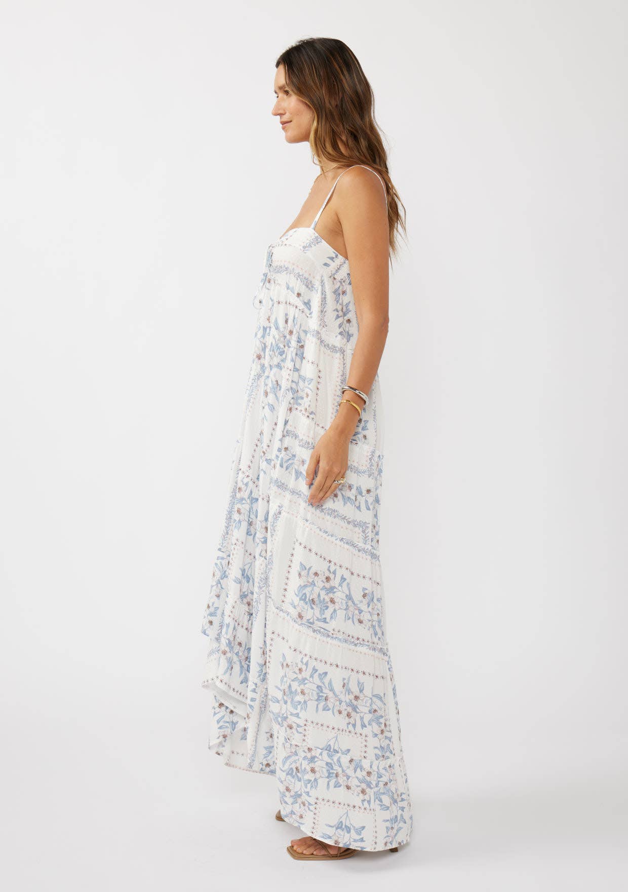 Creamy Dusty Blue Hi-Lo Spaghetti Strap Patchwork Ruffle Maxi Dress for wholesale on Faire1