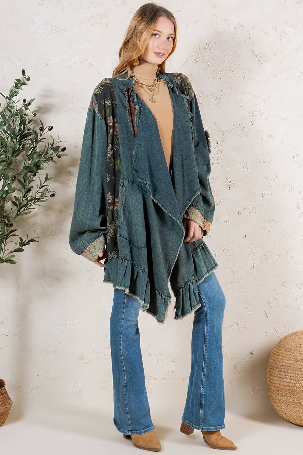 Young Threads - Wholesale Button Down Shirt - Women's - Western Boho Chic: Patched Denim Shrug ALSO IN PLUS 12