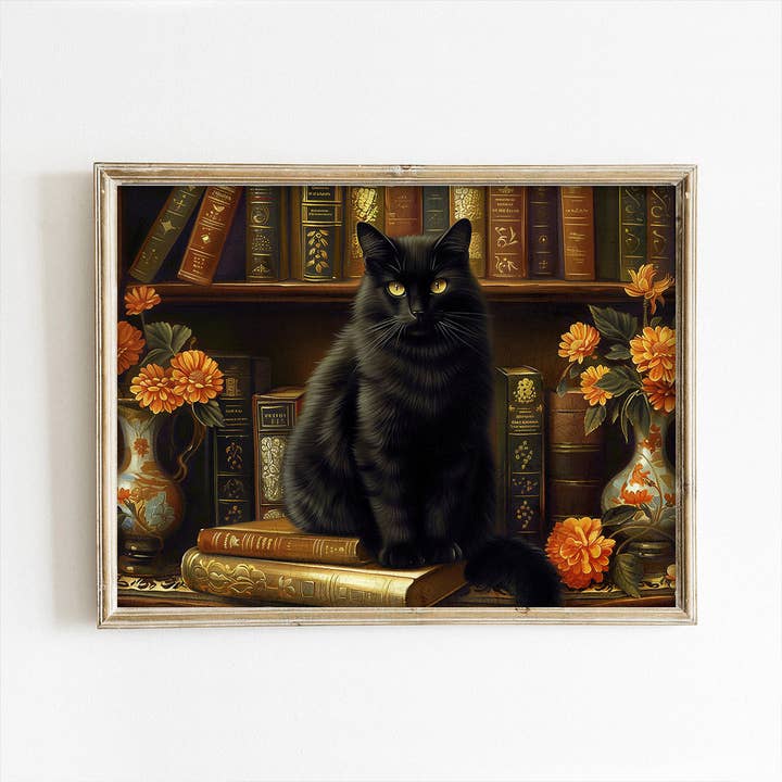 Library Black Cat Halloween Art Print for wholesale by Paper House Print Shop