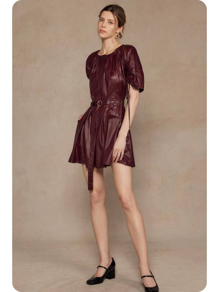 Burgundy Waist Belt Pleated Faux Leather Mini Dress for wholesale on Faire7