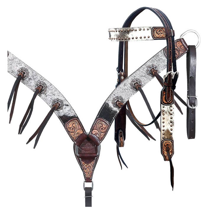 Hilason Horse Hand Carved American Hair On Leather Breast Collar Headstall Brown for wholesale by HILASON