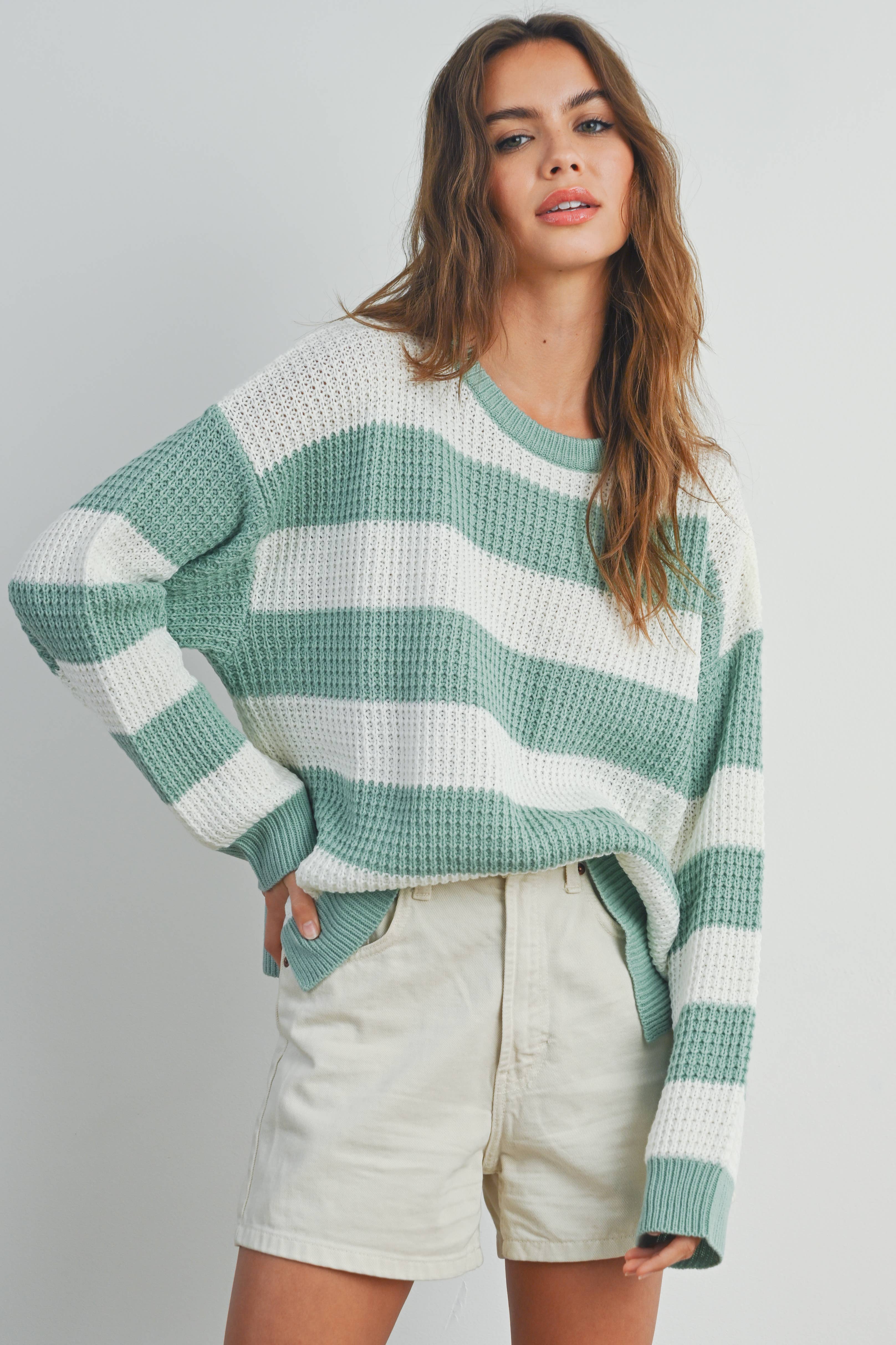 BUTTERMELON - Wholesale Knit Sweater - Women's - Striped Round Neck Long Sleeve Sweater - BMW73298