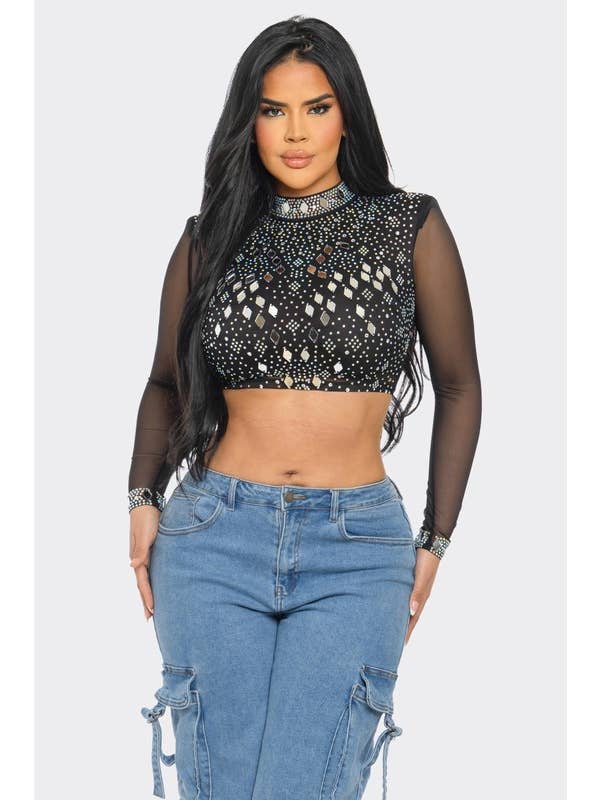 BANJUL – wholesale Blus - Dam – BTS12881 Glittrande Spegel Strassnät Crop Top