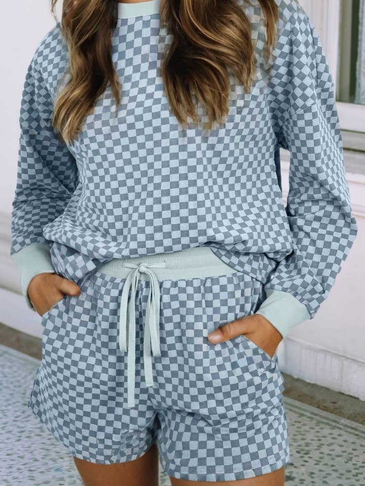 LDC Checkerboard Long Sleeve Pullover and Shorts Set for wholesale by Little Daisy Closet