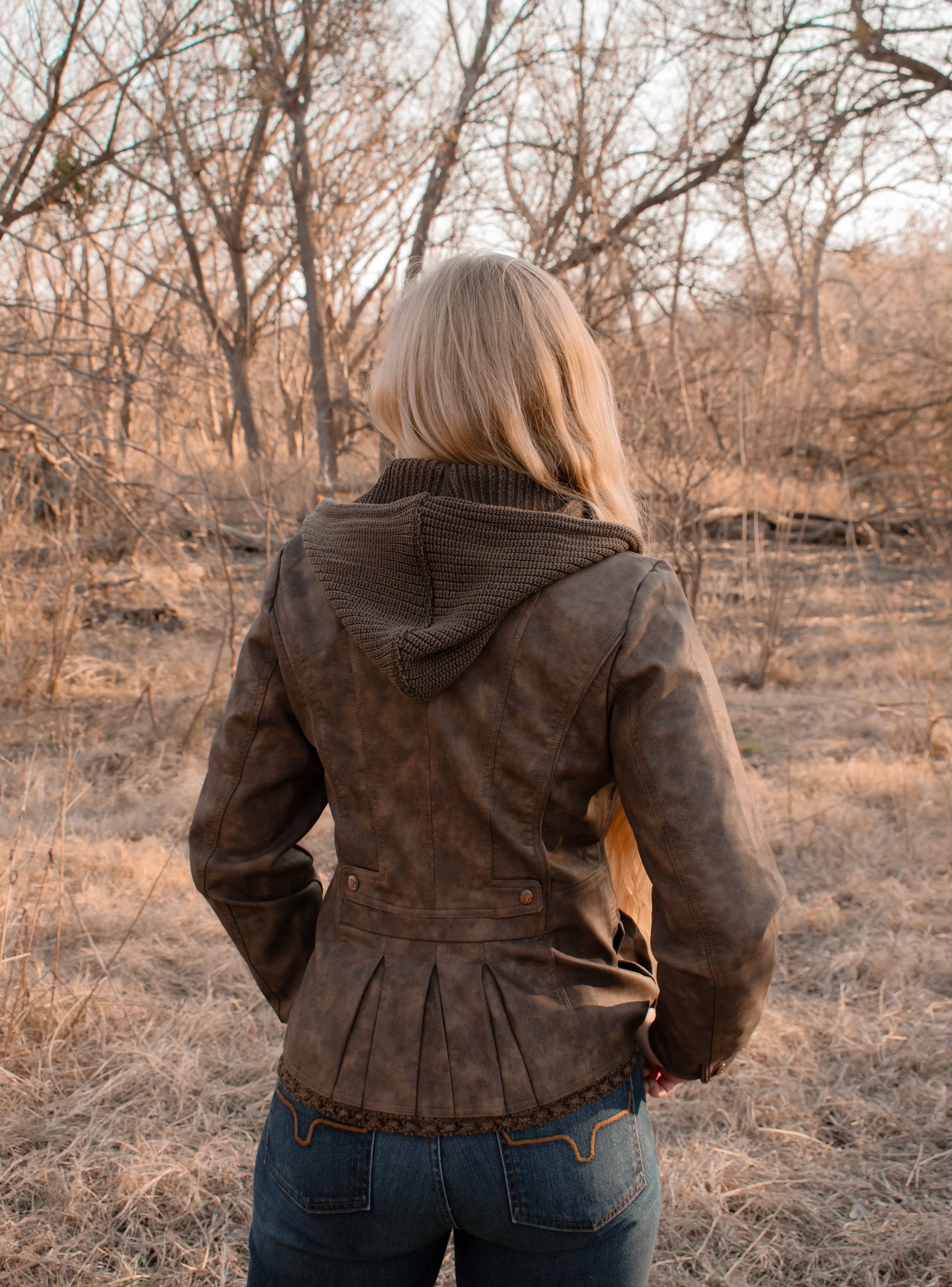 Brown Ladies Poly Faux Leather Fahion Jacket - with Plate and Knit for wholesale on Faire1