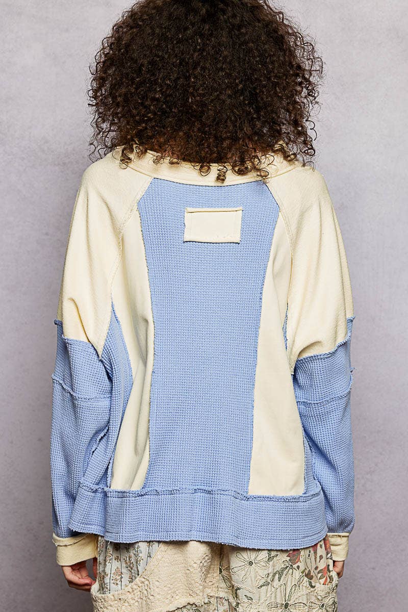 Pol Clothing - Wholesale Knit Top - Women's - Notched Neck Contrast Fabric Basic Long Sleeve Top SALE13