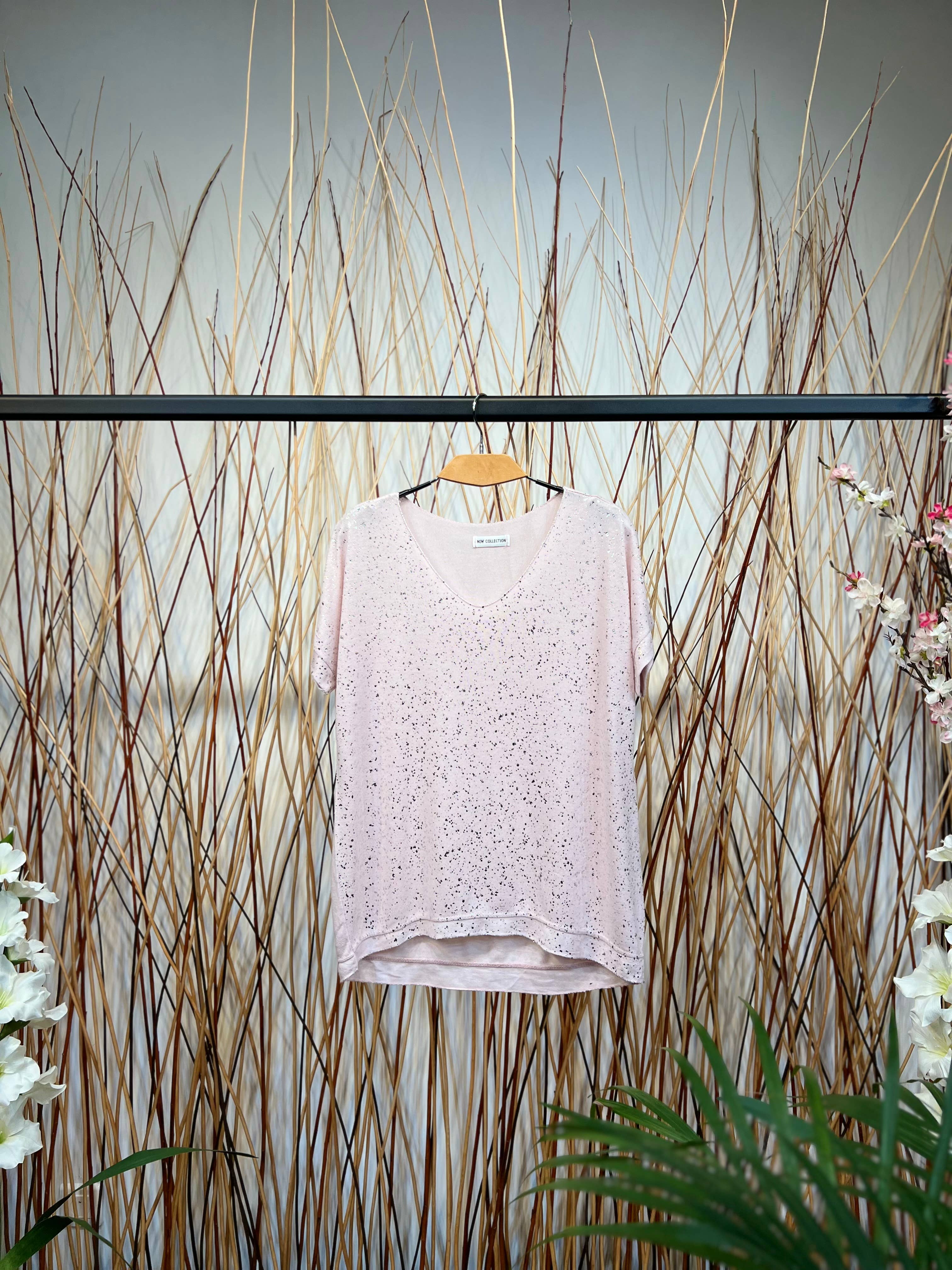 L'Emotion - Wholesale T-Shirt - Women's - Silver Glitter Decoration V-Neck Short Sleeve T-Shirt4