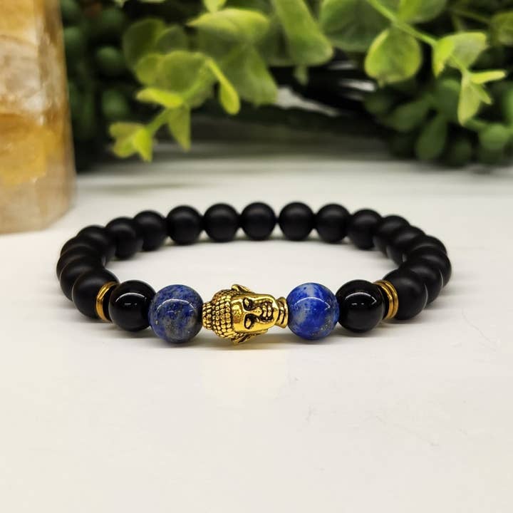 Meraki Gemstones – Engroshandel Perlearmbånd – Buddha perle med Lapis & sort Obsidian-mat armbånd 8mm