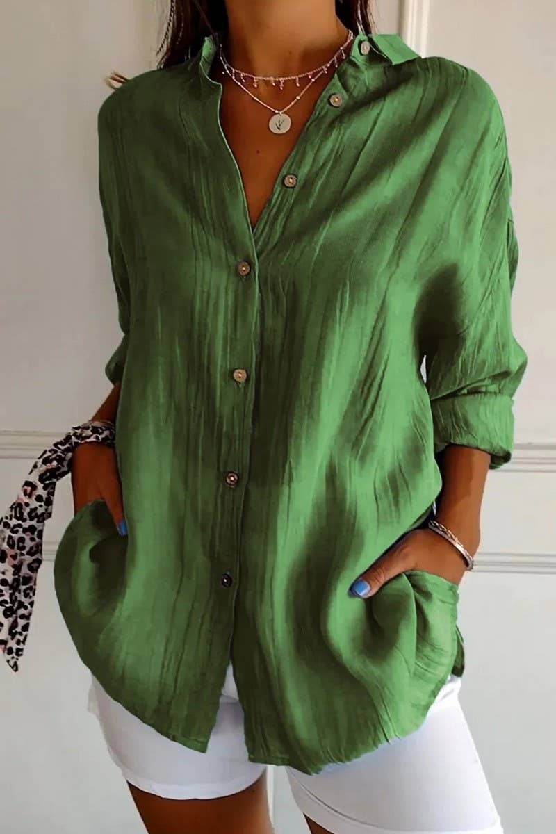 NINEXIS - Wholesale Shirt - Women's - CWTSTL2281_SOLID COLOR SINGLE BREASTED PLEATED LAPEL SHIRT13